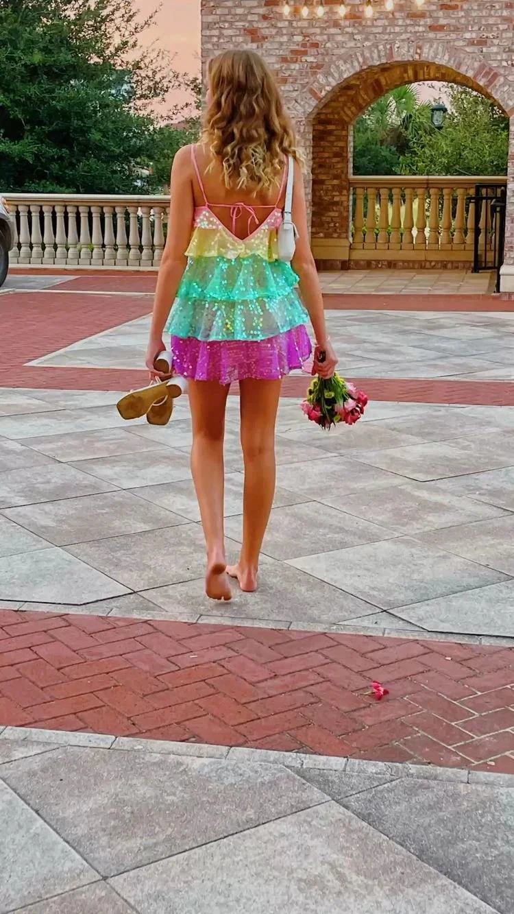 Women Shiny Sequin Sparkle Homecoming Dress Sleeveless Glitter Layered Rainbow Ruffle Dress Party Club Night Dress Y2475 by simplepromdress
