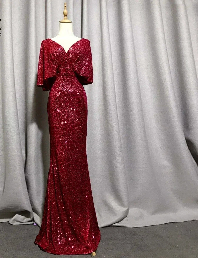 Mermaid Short Sleeves Sexy V Neck Evening Dress, Elegant Glitter Bat Sleeves Formal Party Dress Y1390 by simplepromdress
