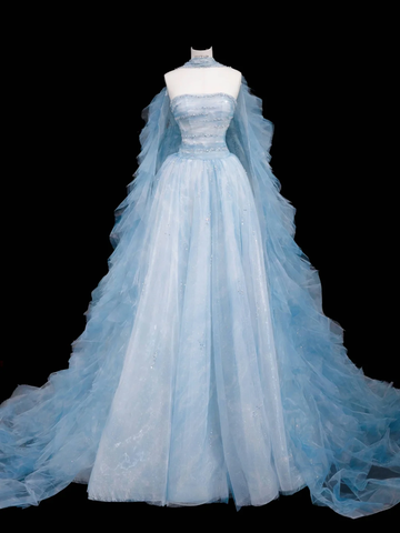 Dream Blue Tulle Beaded A Line Prom Dress Long Evening Dress Y8691