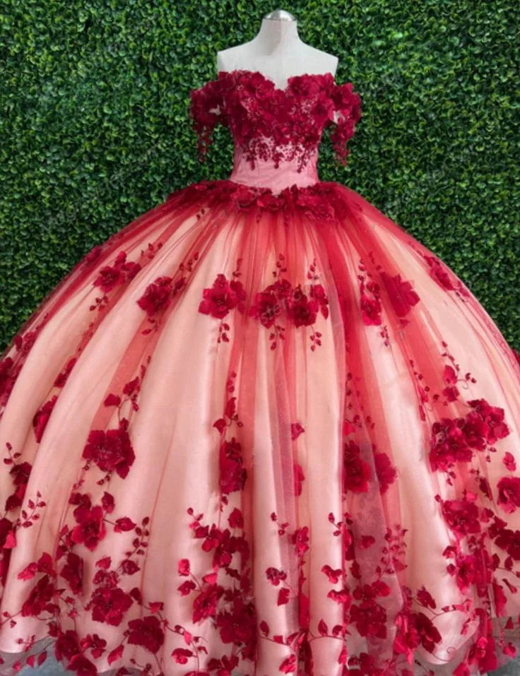 Nach Maß 3D Blume Rot Spitze Quinceanera Kleider Weg Von der Schulter Ballkleid Y6956