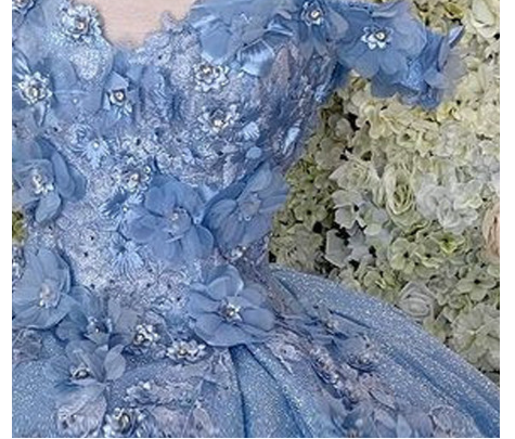 Vestido de fiesta azul con hombros descubiertos, vestido de fiesta brillante con flores S26908