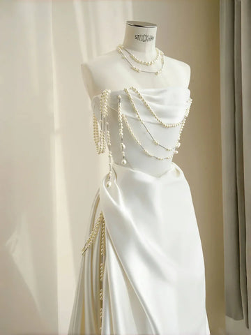 Classy Strapless Satin Pearls Chain White Prom Dress A Line Evening Dress Y8684 by simplepromdress