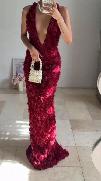Gorgeous Deep V Burgundy Rose Flowers Sheath Long Prom Dress Evening Dress Y8504 by simplepromdress