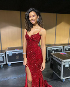 Glitter Red Mermaid Evening Dresses Long,Side Slit Back Open Gala Dress,Celebrity Dress Y196