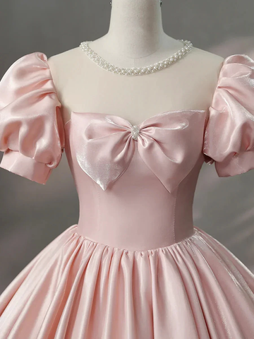 Beautiful Pink Scoop Neck Satin Floor Length Prom Dress A-Line Short Sleeve Evening Dress with Bow Y6082 by simplepromdress