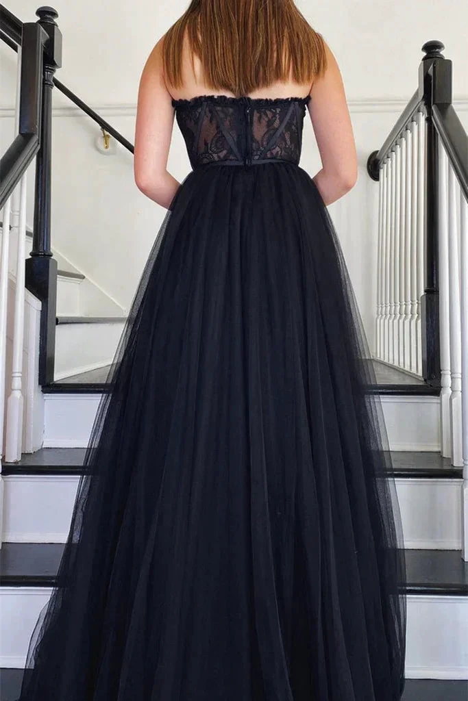 Strapless Black Lace Tulle Long Prom Dress, Black Lace Formal Dress, Black Evening Dress Y205 by simplepromdress