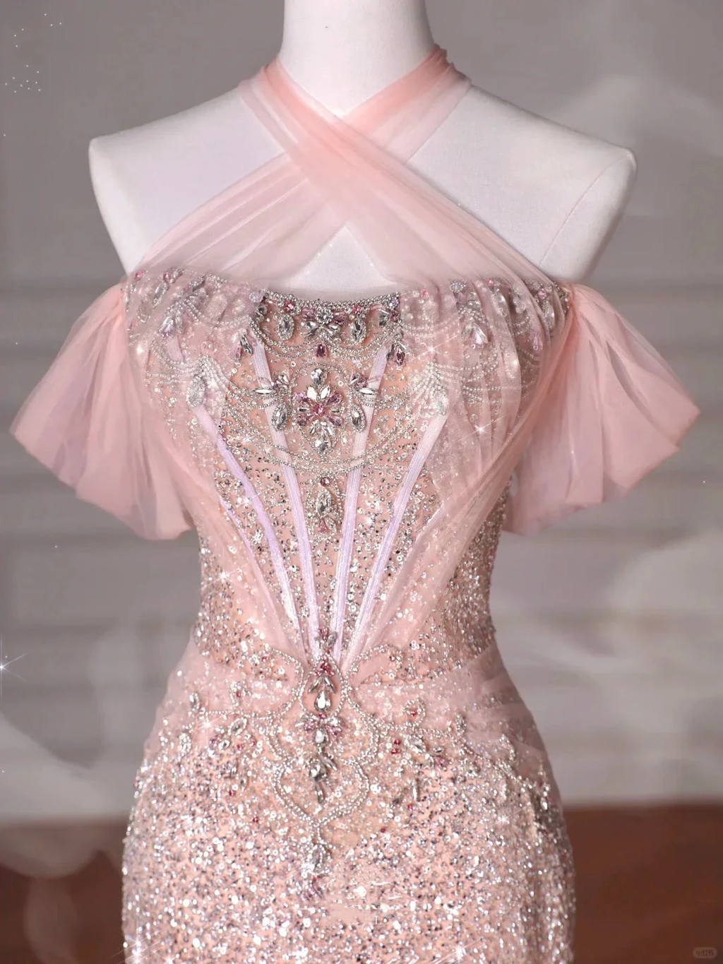 Classy Pink Halter Sequin Beaded Tulle Mermaid Evening Dress Long Prom Dress Y8620 by simplepromdress