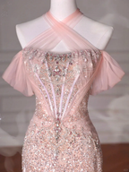 Classy Pink Halter Sequin Beaded Tulle Mermaid Evening Dress Long Prom Dress Y8620 by simplepromdress