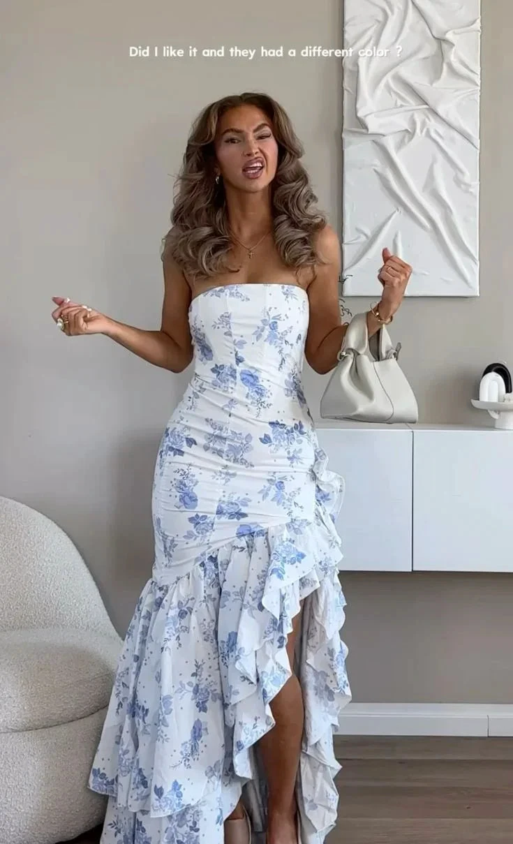 Chic Strapless Print Floral Ruffles Mermaid Evening Dress Prom Dress Y7840 by simplepromdress