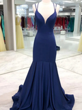 V Neck Mermaid Dark Navy Blue Prom Dresses, Navy Blue Mermaid Long Formal Evening Dresses Y234 by simplepromdress