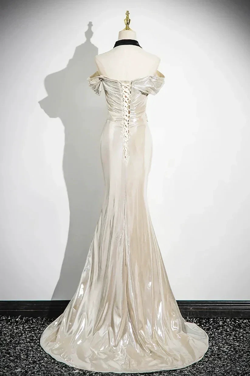 Charming Champagne Off The Shoulder Satin Prom Dress Mermaid Evening Gown Y8202 by simplepromdress