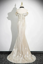 Charming Champagne Off The Shoulder Satin Prom Dress Mermaid Evening Gown Y8202 by simplepromdress