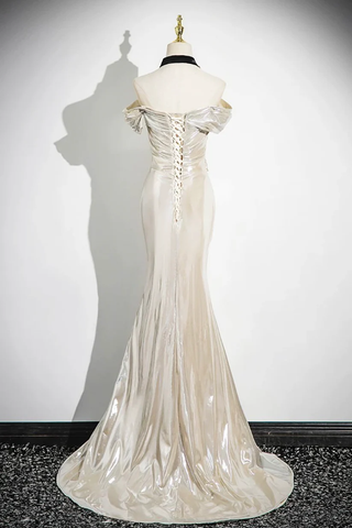 Charming Champagne Off The Shoulder Satin Prom Dress Mermaid Evening Gown Y8202