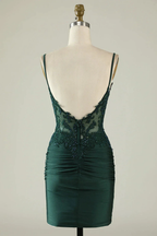 Tight V-Neck Dark Green Pleated Homecoming Dress with Appliques Y2660 by simplepromdress