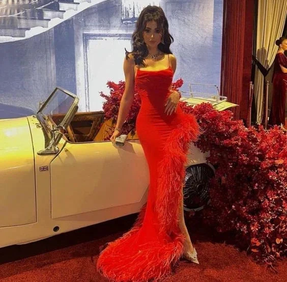 Sexy Mermaid Straps Red Prom Dress With Feathers,Long Evening Dress Y7901 by simplepromdress