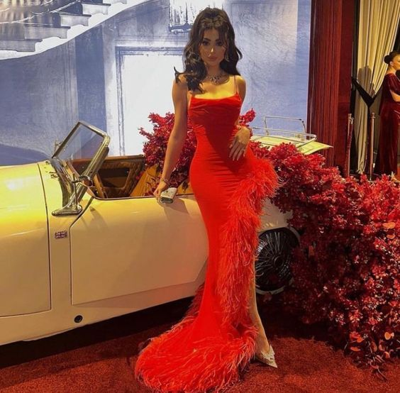 Sexy Mermaid Straps Red Prom Dress With Feathers,Long Evening Dress Y7901 Hover Image