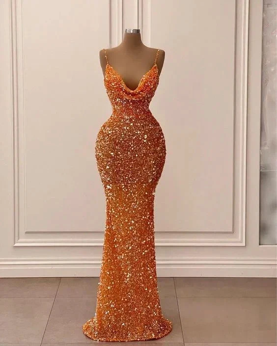 Spaghetti Straps Sparkly Evening Dress Orange Glitter Mermaid Prom Dress Y6105 by simplepromdress