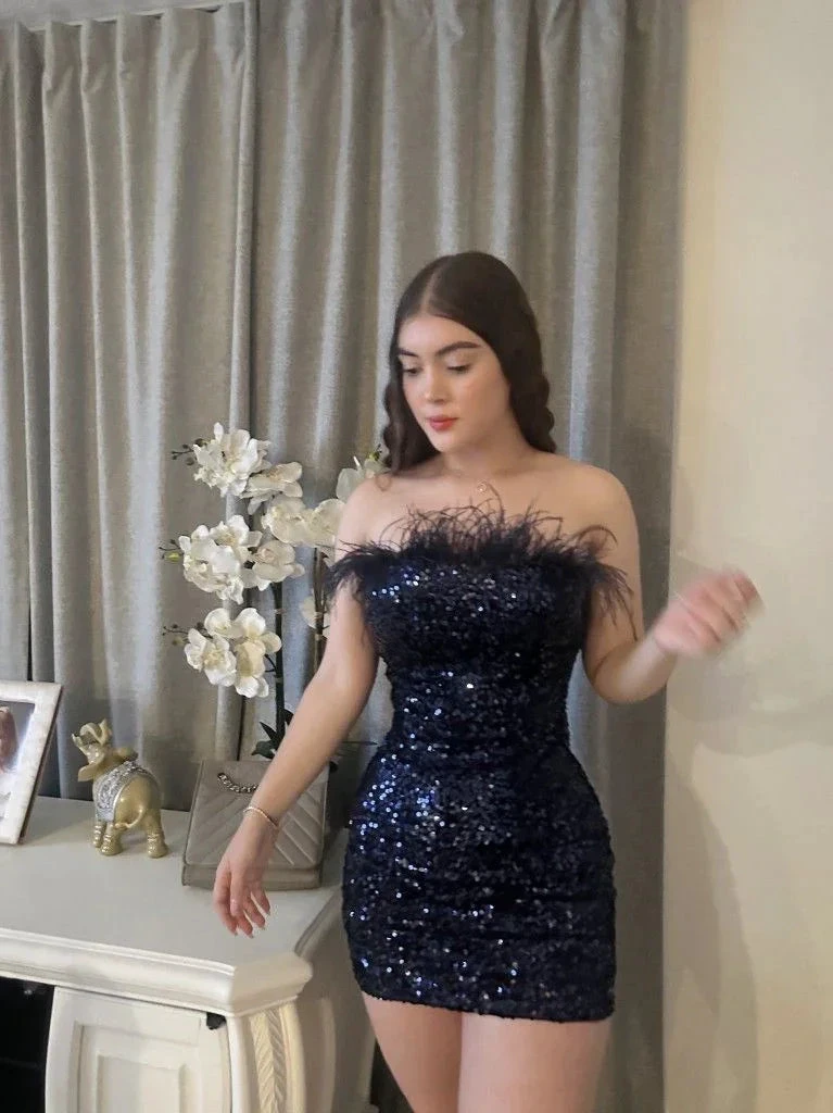 Strapless Feather-Trim Sequin Dress Short Homecoming Dress Y4602 by simplepromdress