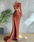 Brown Mermaid Beaded One Shoulder Evening Dresses High Side Slit Prom Dress Custom Made Y604 by simplepromdress