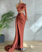 Brown Mermaid Beaded One Shoulder Evening Dresses High Side Slit Prom Dress Custom Made Y604 by simplepromdress