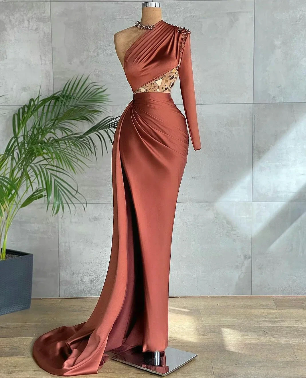 Brown Mermaid Beaded One Shoulder Evening Dresses High Side Slit Prom Dress Custom Made Y604 by simplepromdress