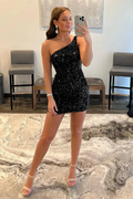 One Shoulder Black Sequin Bodycon Mini Dress Black Homecoming Dress Y2979 by simplepromdress
