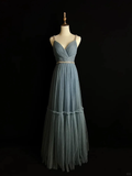 Simple Blue Tulle Beaded A Line Evening Dress Spaghetti Straps V Neck Prom Dress Y8649 by simplepromdress