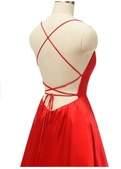 Red Satin Long Prom Gown Front Slit Evening Dresses Floor Length Prom Dresses S26169 by simplepromdress