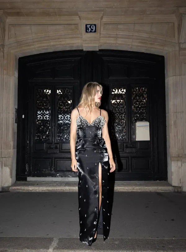 Charming Black Satin Beaded Slit Prom Dress Spaghetti Straps Sheath Evening Gown Y8229 by simplepromdress