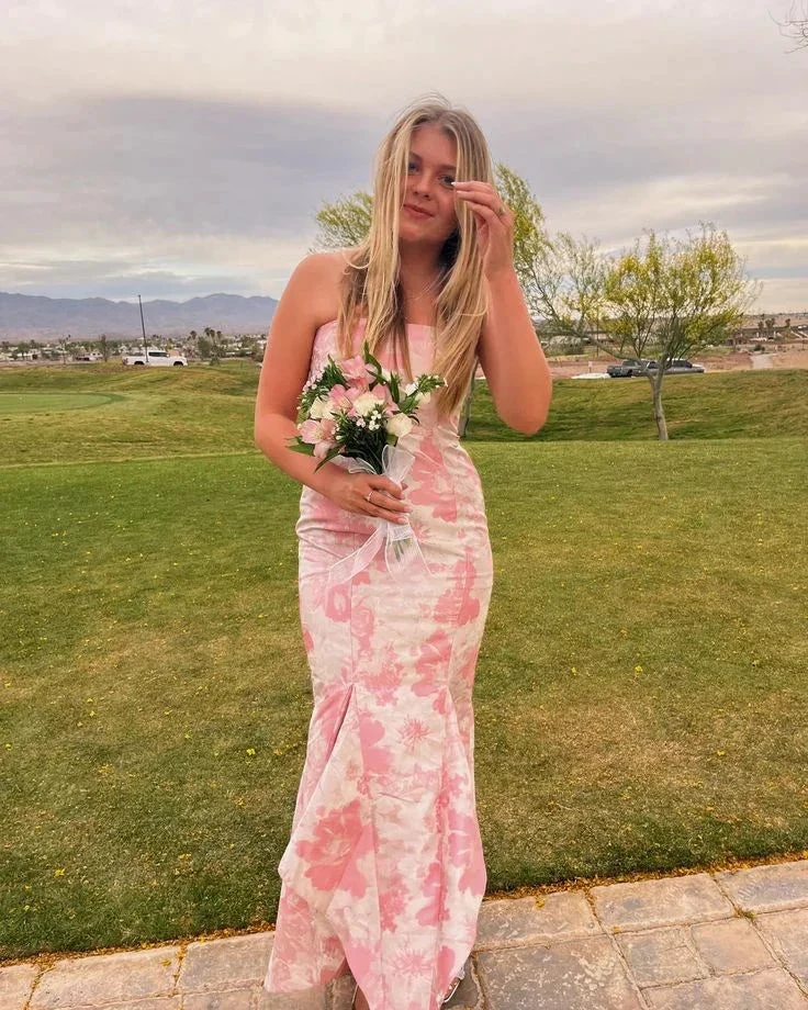 Sweet Pink Satin Print Floral Evening Dress Mermaid Prom Dress Y7828 by simplepromdress