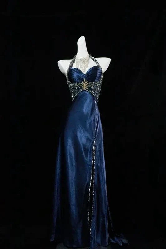 Gorgeous Halter Satin Beaded Slit Evening Dress Formal Party Prom Dress Y7927 by simplepromdress