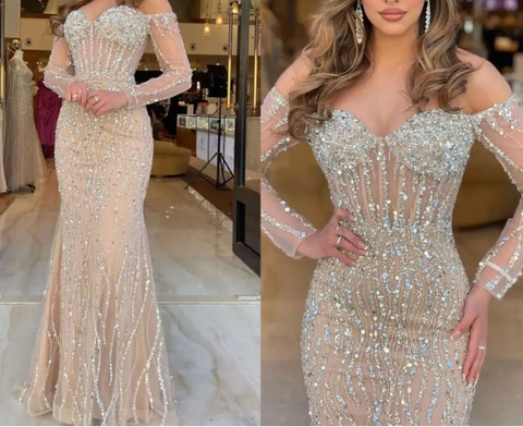 Luxus Sweetheart Langes Trägerloses Perlenbesetztes Tüll Ballkleid Meerjungfrau Abendkleid Y7629