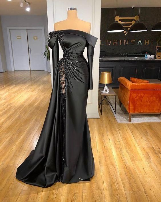 black satin long prom dress mermaid evening dress  Y80 Main Image
