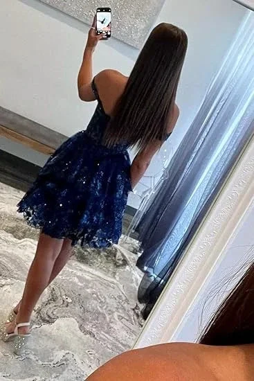 Navy Blue A-Line Sweetheart Lace Tiered Short Homecoming Dress Y8107 by simplepromdress
