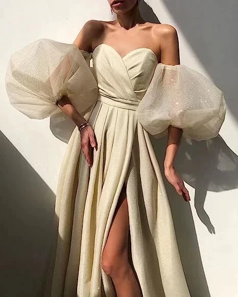 Women's Puffy Sleeve Prom Dresses with Slit Glitter Romantic Fairy Long Evening Gown ,Y2420 by simplepromdress