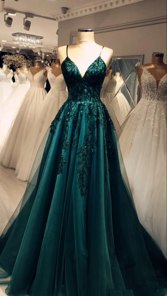 Beautiful Green Spaghetti Straps Tulle Lace Appliques Prom Dress Evening Gown Y7922 Hover Image