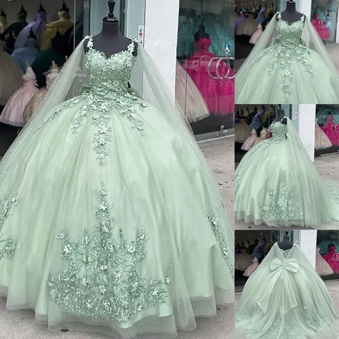 Vestido de fiesta verde salvia con apliques, vestido de quinceañera Y2319