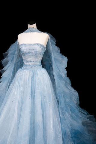 Dream Blue Tulle Beaded A Line Prom Dress Long Evening Dress Y8691