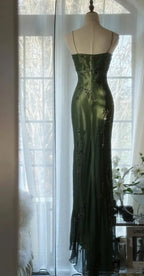 Vintage Dark Green Bodycon Satin Beaded Prom Dress Long Evening Dress Y8557 by simplepromdress