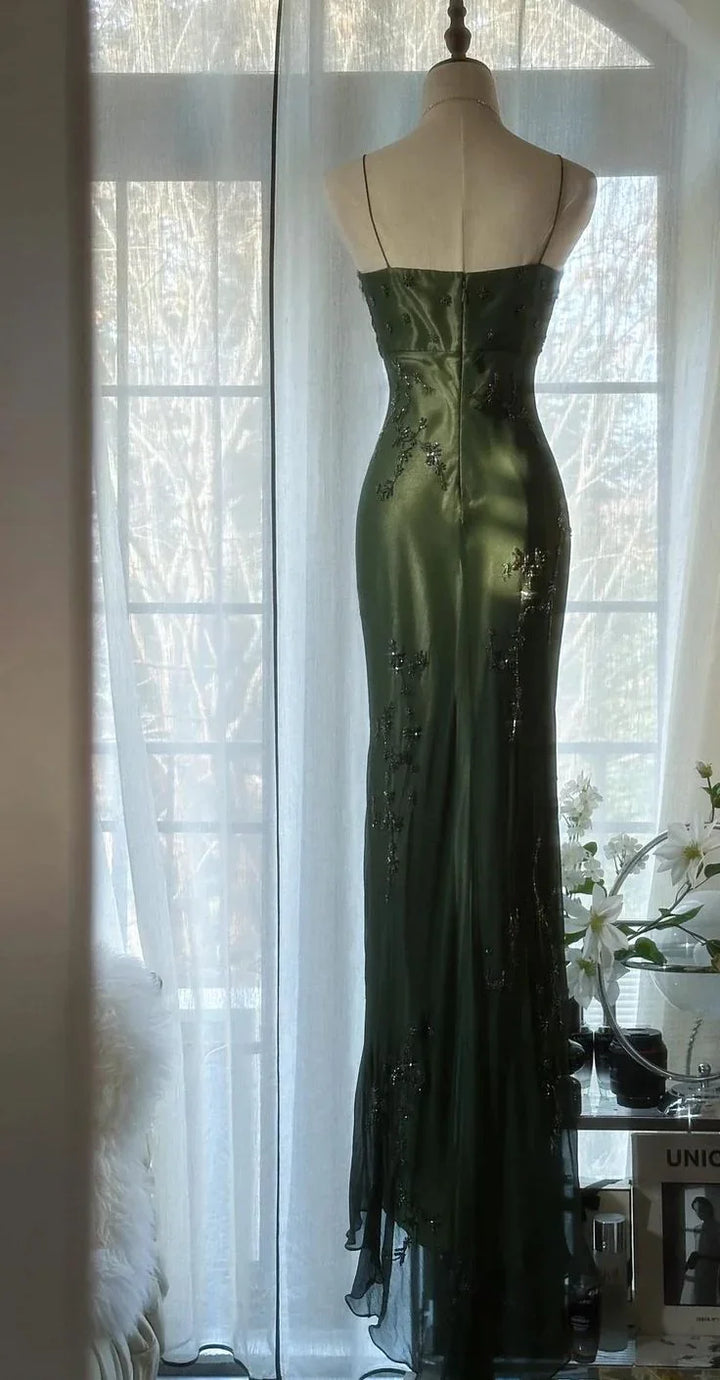 Vintage Dark Green Bodycon Satin Beaded Prom Dress Long Evening Dress Y8557 by simplepromdress