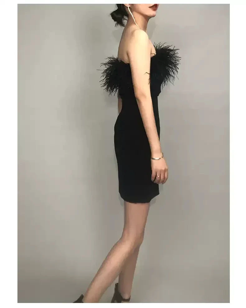 Womens Feather Off Shoulder Bandage Dresses Side Split Cocktail Party Bodycon Dress Black Short Homecoming Dress Y1356 by simplepromdress