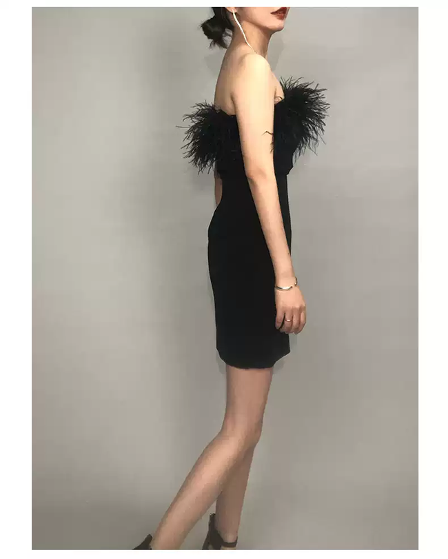 Womens Feather Off Shoulder Bandage Dresses Side Split Cocktail Party Bodycon Dress Black Short Homecoming Dress Y1356 Main Image