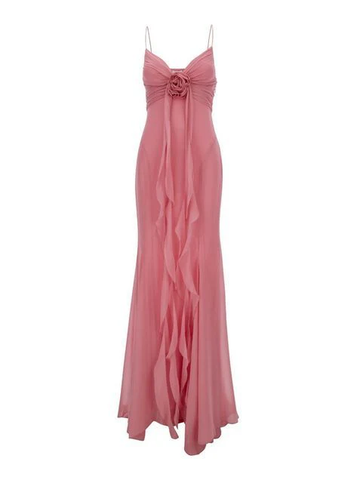 Vintage Mermaid Spaghetti Straps Pink Chiffon Prom Dress Evening Gown Y8494