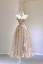 Champagne Lace Tea Length Prom Dresses A-Line Evening Dresses Y6471 by simplepromdress