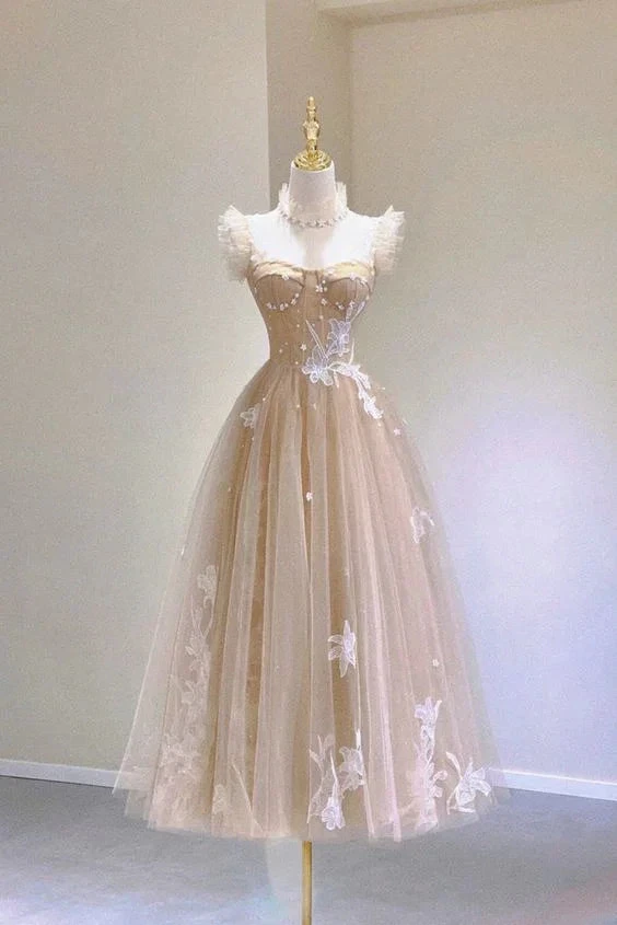 Champagne Lace Tea Length Prom Dresses A-Line Evening Dresses Y6471 by simplepromdress