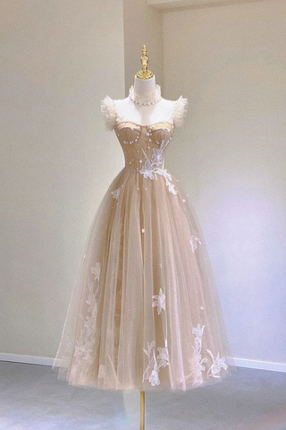 Champagne Lace Tea Length Prom Dresses A-Line Evening Dresses Y6471