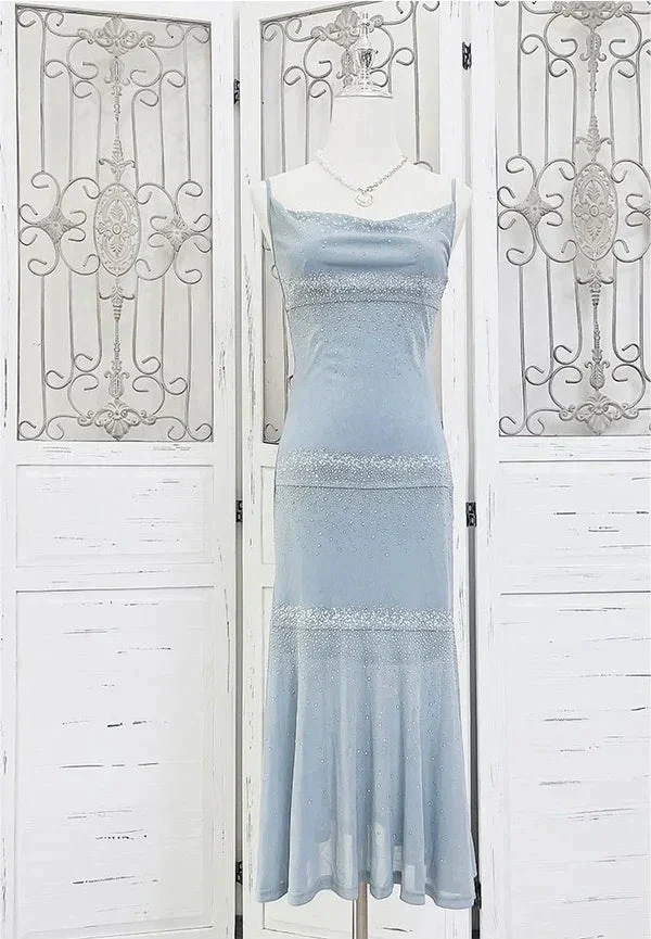 Classy Spaghetti Straps Blue Chiffon Beaded Prom Dress Evening Dress Y8248 by simplepromdress