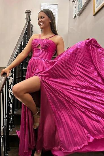 Madalyn| Metallic Keyhole Spaghetti Strap Long Prom Dress with Slit by KissProm