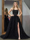 Jordan | Black A-Line Tiered Sequins Tulle Long Prom Dress by KissProm