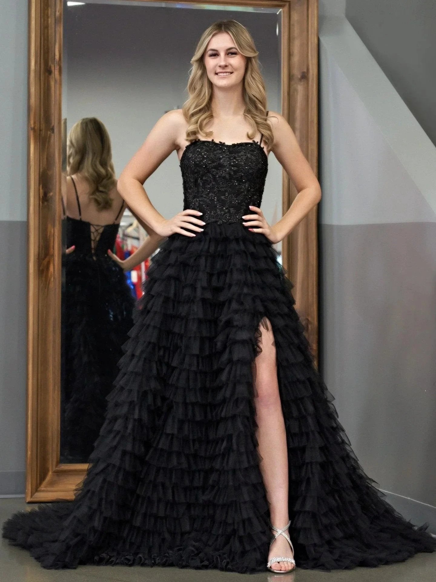 Jordan | Black A-Line Tiered Sequins Tulle Long Prom Dress by KissProm
